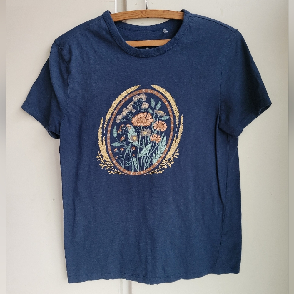 Dip T-Shirt Women's M Navy Blue Floral Short Sleeve Crew Neck Graphic Shirt Top